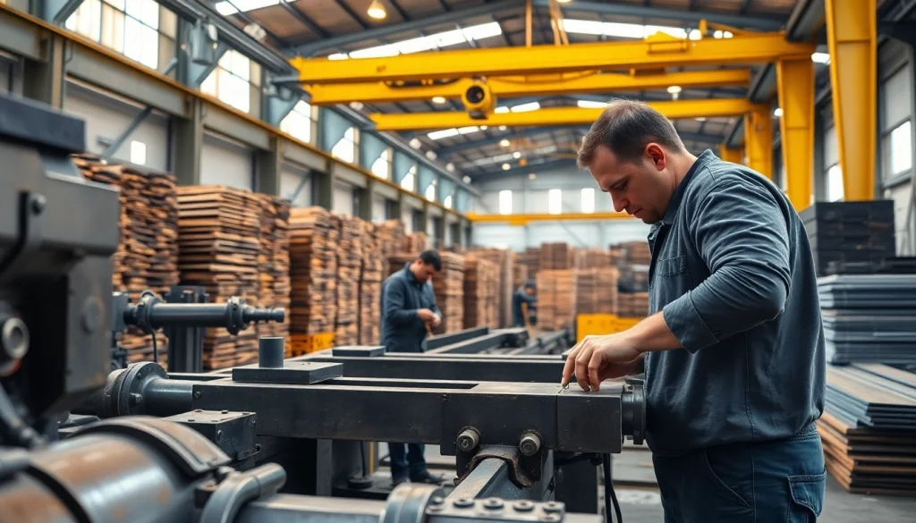 Workers efficiently fabricating steel in a well-equipped steel fabrication shop.