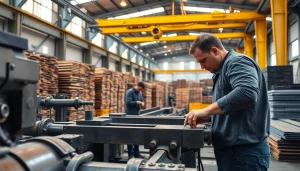 Workers efficiently fabricating steel in a well-equipped steel fabrication shop.