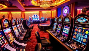 Players enjoying the thrill of Slot Gacor at luxurious casino tables filled with colorful slot machines.