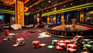 Experience thrilling gameplay at https://kingarthurcafe.com/menu with a luxurious roulette table scene featuring winning poker chips and cards.