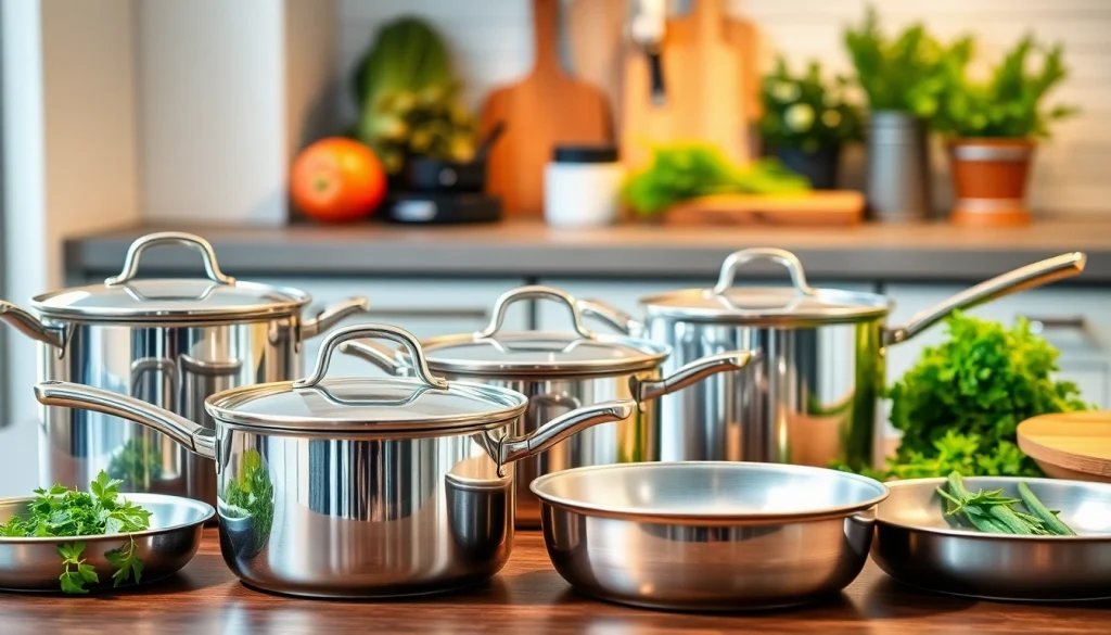Highlight cookware in a modern kitchen setup, showcasing stainless steel and non-stick features.