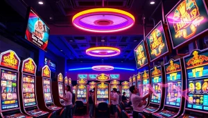 Mainkan slot depo 5000 dalam suasana kasino modern yang ceria dan penuh warna.