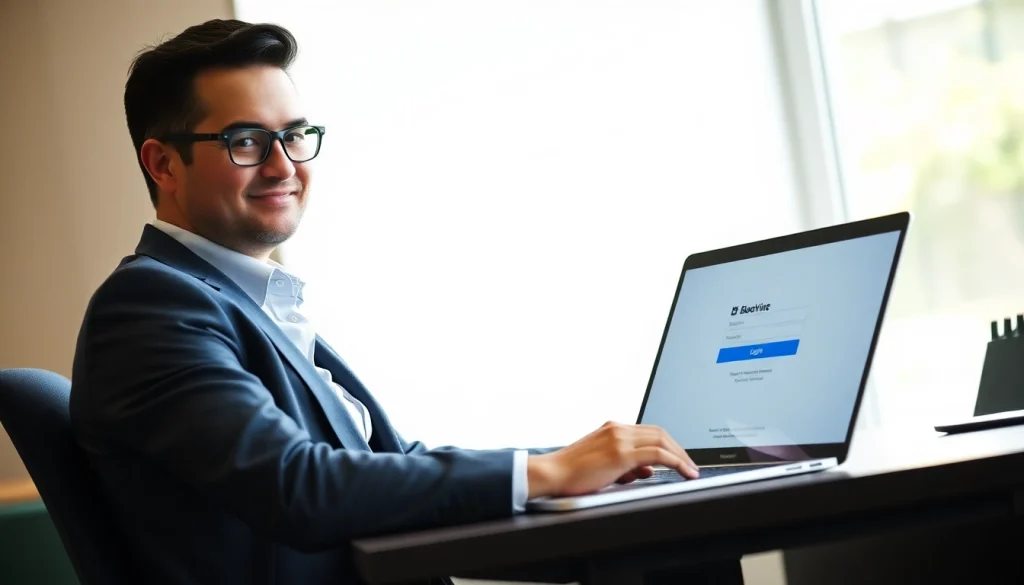 Accessing bluevine login on a laptop with a focused expression in a modern workspace.