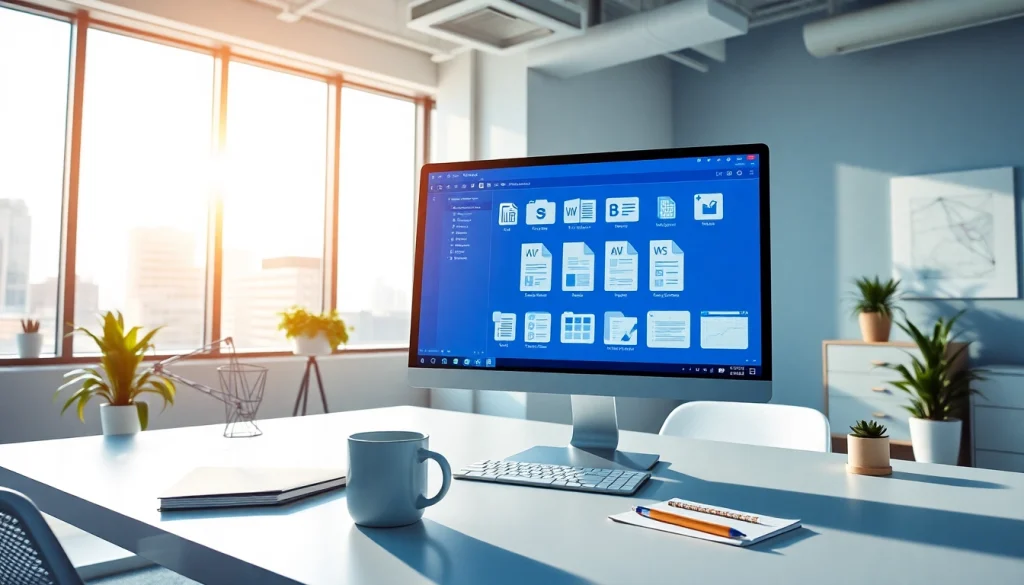wps下载 displayed on a modern office workspace computer, illustrating document formats like PDF and Word in a professional setting.