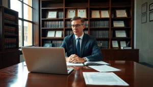 Engaged eminent domain lawyer consulting in a well-lit modern office space.