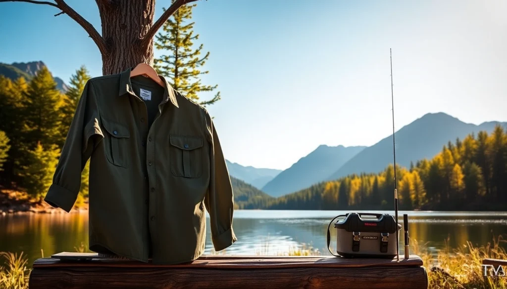 Showcase fly fishing apparel on a lakeside to highlight its comfort and style.
