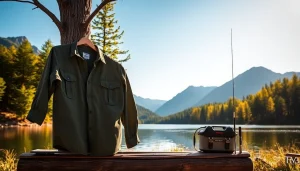 Showcase fly fishing apparel on a lakeside to highlight its comfort and style.