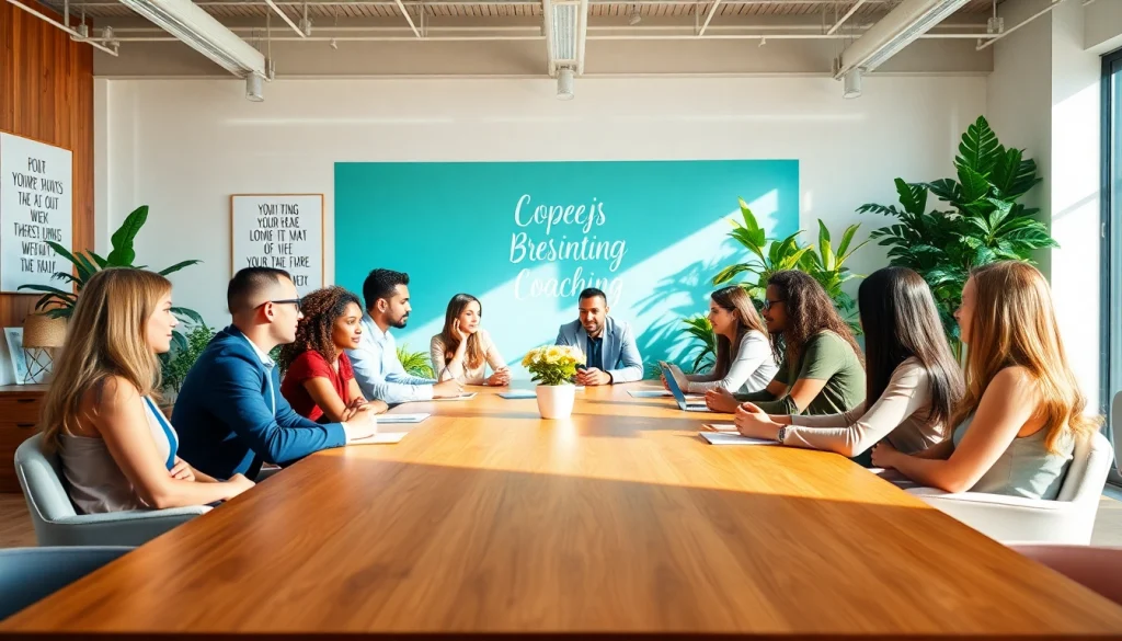 Engaged professionals collaborating in a business coaching service meeting, surrounded by inspiring elements.