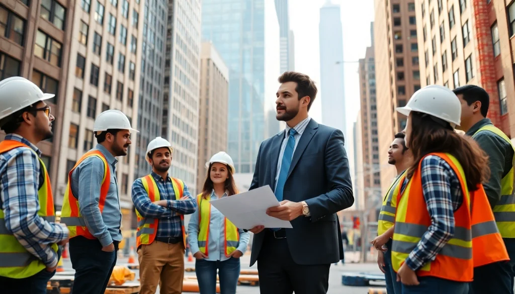A New York City Construction Manager collaborating with a team on-site, showcasing urban project dynamics.