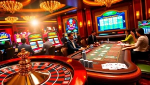 Situs Slot Terpercaya featured with players enjoying luxurious casino games at a vibrant poker table and illuminated slot machines.