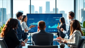 Engage in a discussion about competitive intelligence with professionals in a modern office setting.