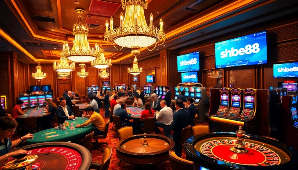 Players enjoying the excitement of shbet88 at luxurious casino tables with vibrant roulette wheels.