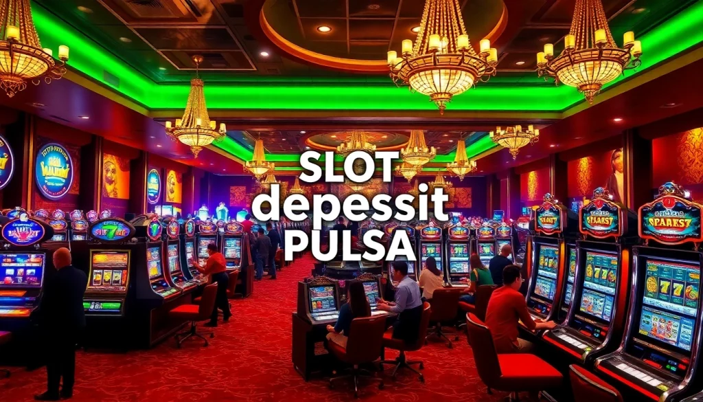 Rasakan kegembiraan slot deposit pulsa dengan mesin slot berwarna-warni dan pemain bahagia merayakan kemenangan.