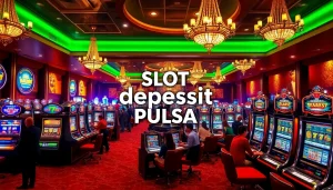 Rasakan kegembiraan slot deposit pulsa dengan mesin slot berwarna-warni dan pemain bahagia merayakan kemenangan.