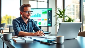 Strategist developing a small business marketing strategy amidst vibrant materials and analytics.