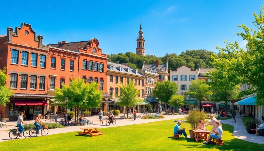People enjoying outdoor activities in Clarksburg's vibrant parks and historic surroundings.