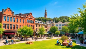 People enjoying outdoor activities in Clarksburg's vibrant parks and historic surroundings.