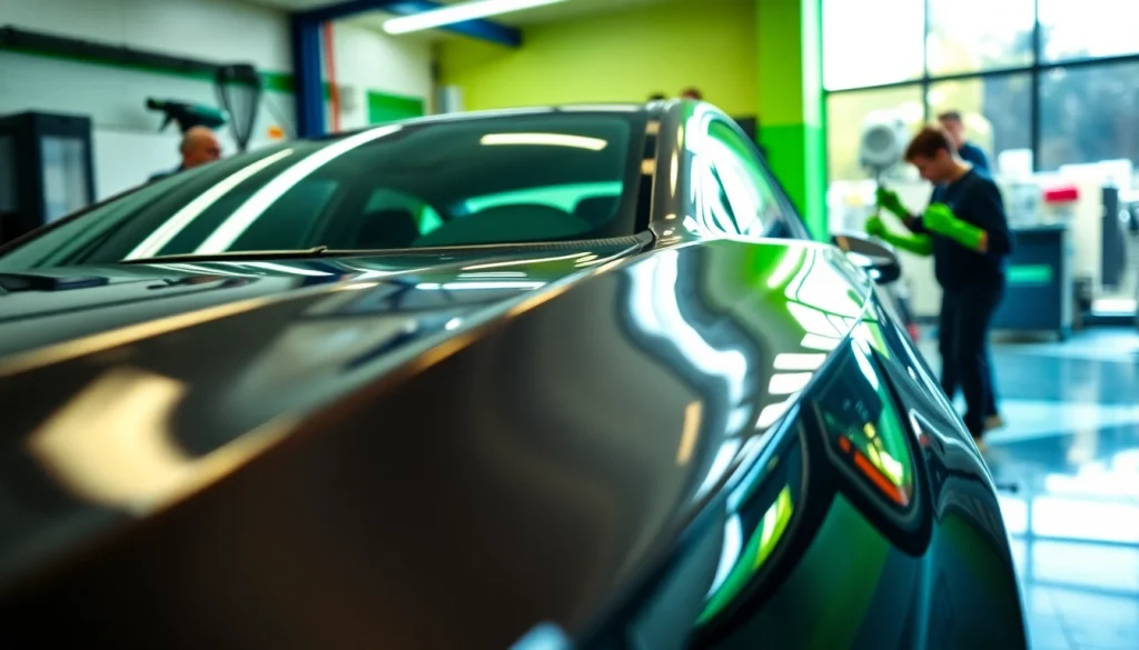 Experience the best car detailing Chattanooga TN with a professional team polishing a car in a bright, modern shop.
