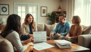 Engaged family discussing auto and home protection plans in a cozy living room.