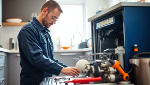 Expert conducting BOSCH dishwasher repair in a modern kitchen, showcasing skill and quality service.