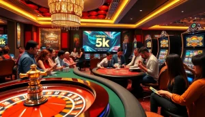 Engaging casino scene illustrating situs deposit 5k with players at roulette and poker tables.