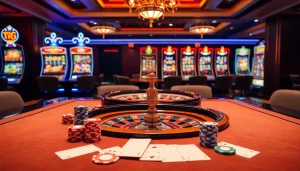 Experience high-stakes excitement at BK8 เว็บตรง with a vibrant casino scene featuring poker chips, cards, and roulette.