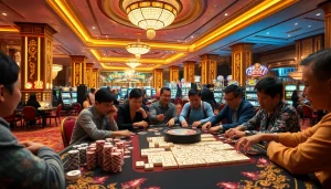 Para pemain merencanakan strategi dalam permainan Link Mahjong yang mendebarkan, dikelilingi elemen-elemen kasino.