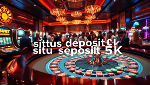 Adegan kasino dinamis menampilkan pemain di meja roulette, dengan elemen berwarna-warni terkait Situs Deposit 5k di latar belakang.