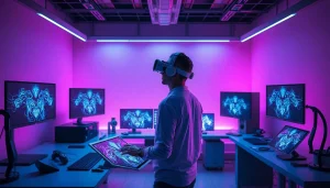 Futuristic digital art studio using AI NSFW tools with vibrant ambient lighting.