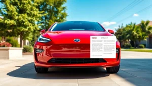 Showcasing an extended warranty for electric vehicles document next to a modern electric car.