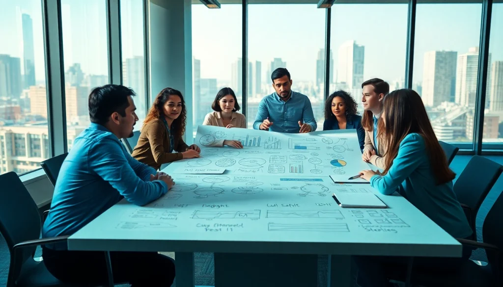 Engaged team discussing das 142 strategies in a modern conference room with bright city views.