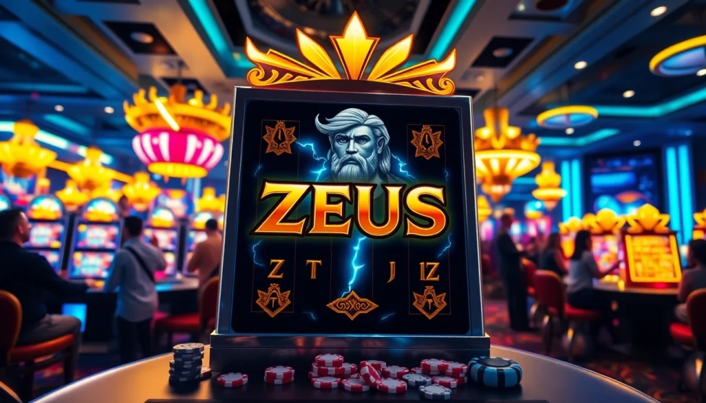 Pemain menikmati Zeus slot sambil mengejar jackpot yang mendebarkan di kasino yang ramai.