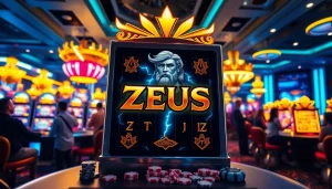 Pemain menikmati Zeus slot sambil mengejar jackpot yang mendebarkan di kasino yang ramai.