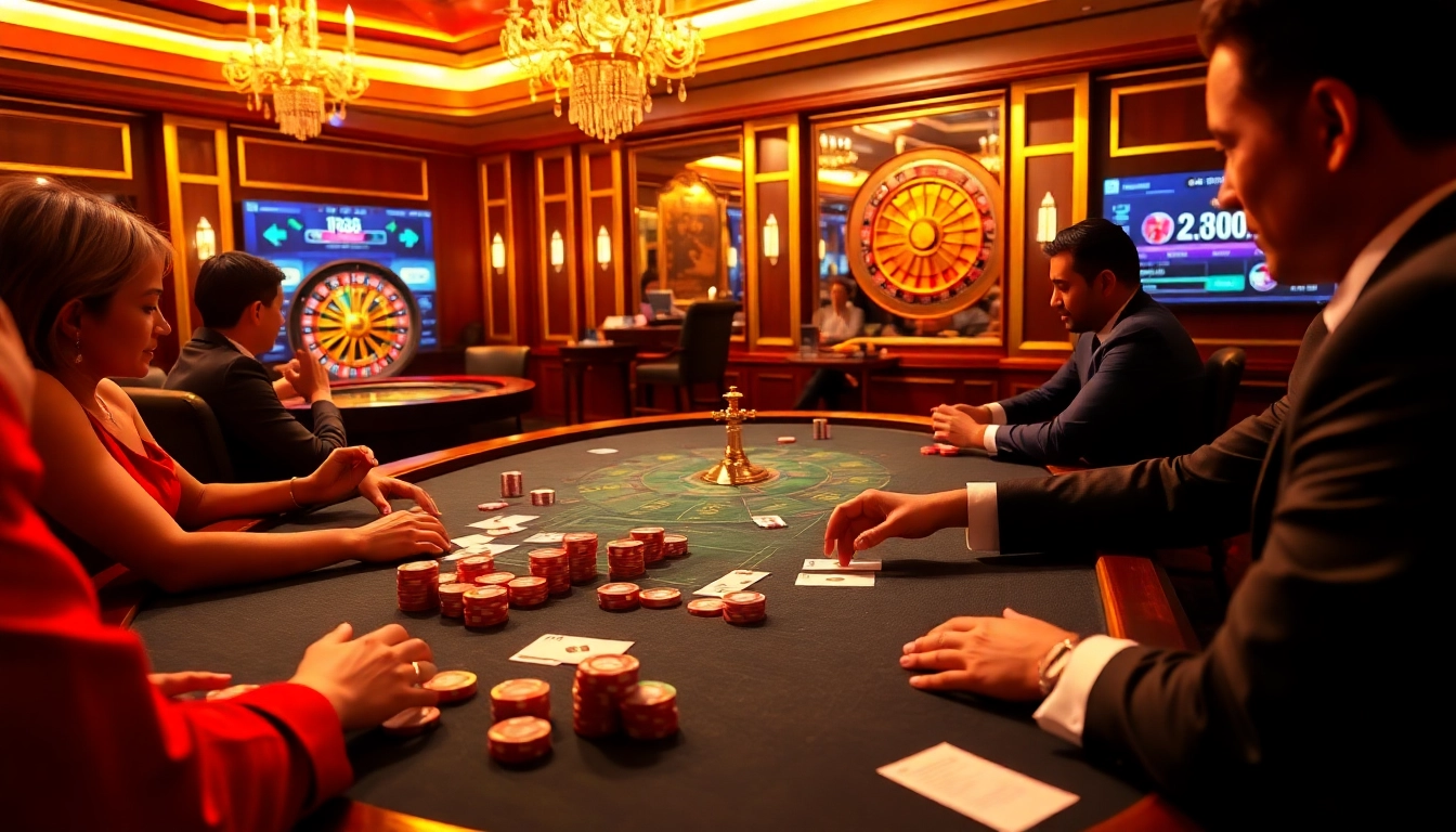 Engaging players at nhà cái RR88 enjoying casino games with poker chips and vibrant atmosphere.