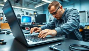 Technician focused on Computer repair at a well-equipped workstation in a modern workshop.