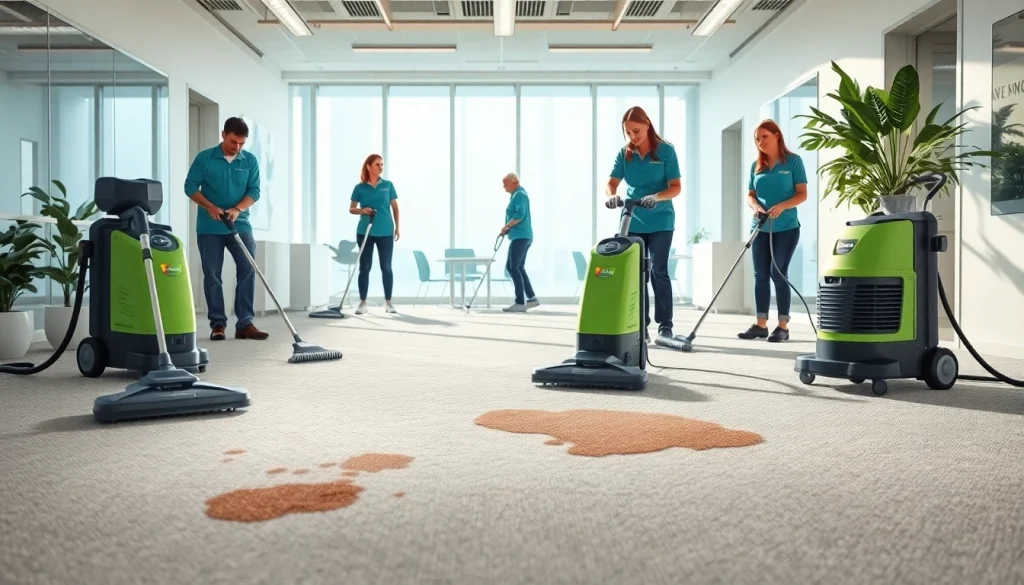 Commercial carpet cleaning in action with a team using eco-friendly cleaning solutions.