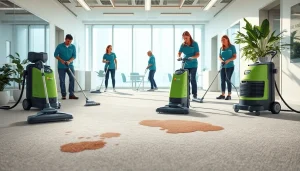Commercial carpet cleaning in action with a team using eco-friendly cleaning solutions.