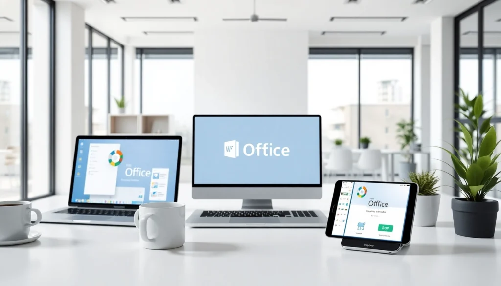 在明亮的现代办公环境中展示WPS Office软件，配备多种设备。