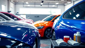 Experience exceptional car detailing near me in a vibrant garage setting showcasing shiny vehicles.