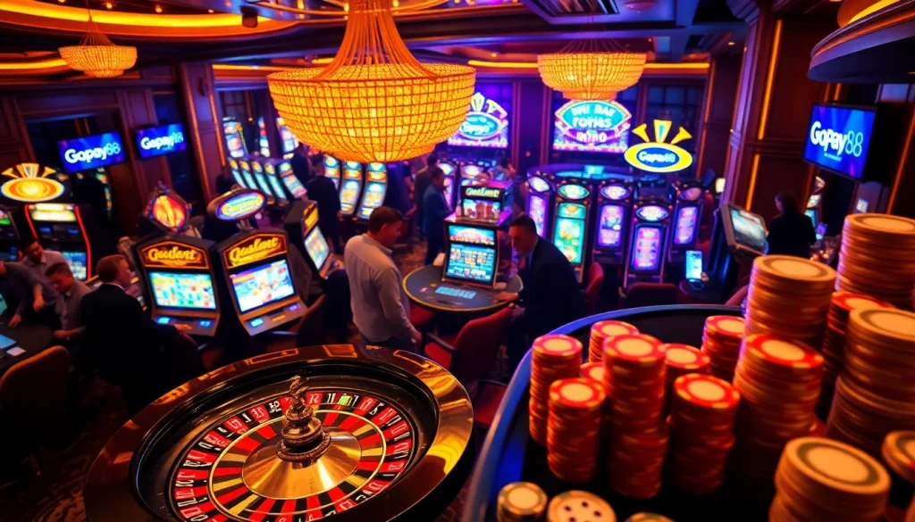 Experience excitement at Gopay88 casino with players at a roulette table and vibrant slots.