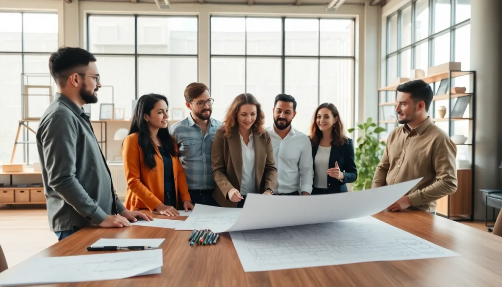 Builders collaborating on plans for the Texas association of builders in a bright modern office.