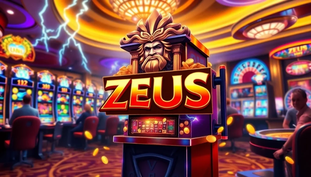Spin the Zeus slot machine for thrilling wins with lightning graphics in a vibrant casino atmosphere.