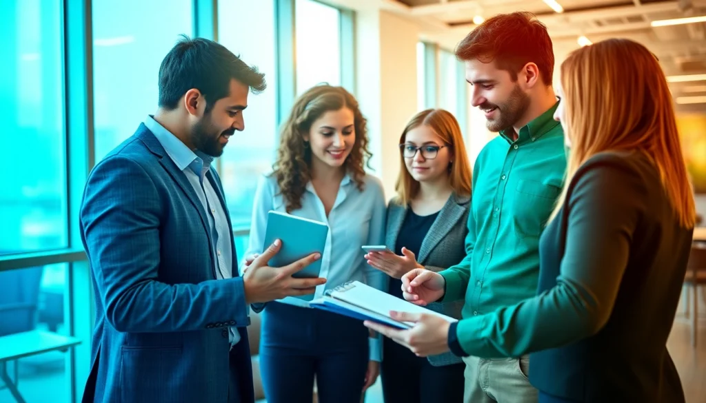Engaging team discussion on Social Media Marketing strategy in a modern office setting.