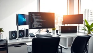 zirvegrupbilgisayar'da modern bir bilgisayar kurulumunu gösteren ofis alanı.