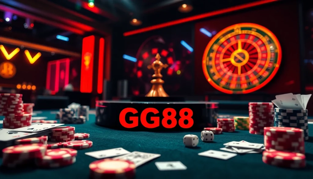 Experience thrilling moments at http://gg88.gold/ with poker chips and cards on a vibrant casino table.
