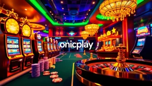 Winning at onicplay with vibrant slot machines and colorful poker chips in an elegant casino setting.