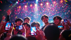 BTS news highlights members celebrating a new release with enthusiastic fans at a vibrant concert.
