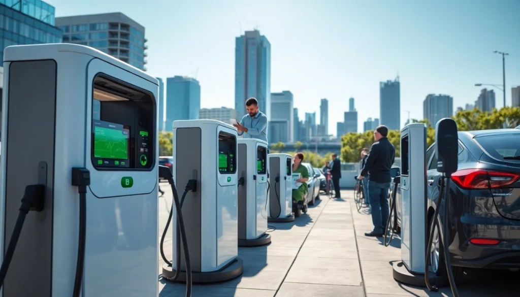 Enhance commercial EV charger installation visibility at an urban charging station with technicians.