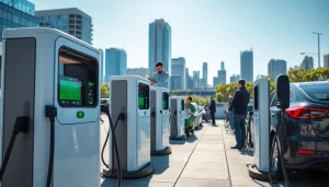 Enhance commercial EV charger installation visibility at an urban charging station with technicians.