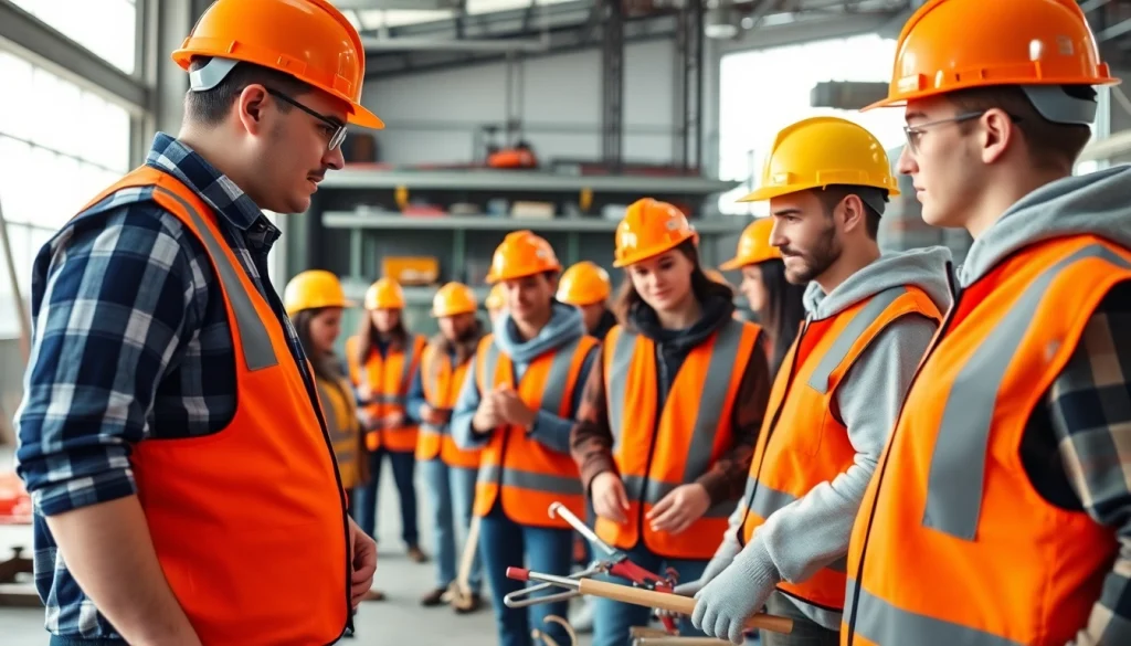 Participants engaged in construction training programs, learning hands-on with tools in an industrial setting.
